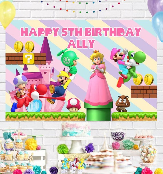 Personalised Super Mario Bros and Princess Peach Birthday Backdrop 