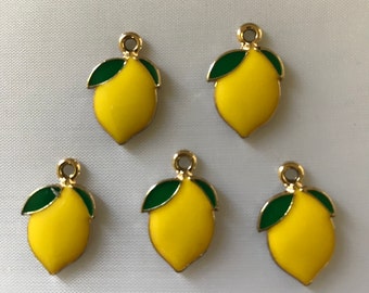 5 Enamel Lemon Charms 20mm  x 13mm