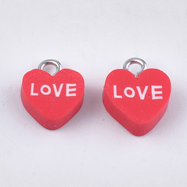 10 Heart with Love Polymer Clay Charms 13mm x 10mm x 5mm