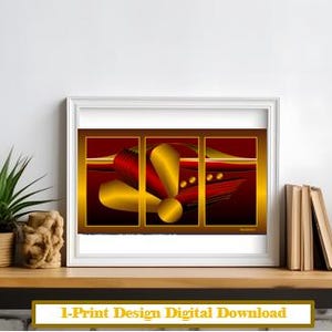 以下が含まれることがあります： 赤と金の抽象的なデザインの額入りアートプリント。大胆な感嘆符の形やその他の幾何学的な形が特徴です。フレームは白で、プリントは植物や本のある木製の棚に飾られています。