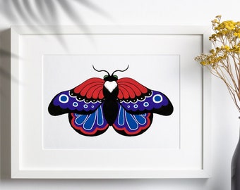May include: A framed art print featuring a stylized butterfly illustration. The butterfly has red wings with blue and white accents, a black body, and a white heart-shaped marking. The artwork is displayed in a white frame.