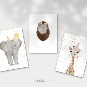 Juego de tarjetas para cumpleaños y nacimientos, motivos animales, tarjeta acuarela, postal, tarjeta plegable