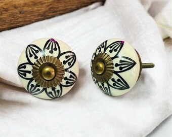 Hand-Painted Ceramic Cabinet Knobs – Antique Gold FINISH Indian Floral Pulls