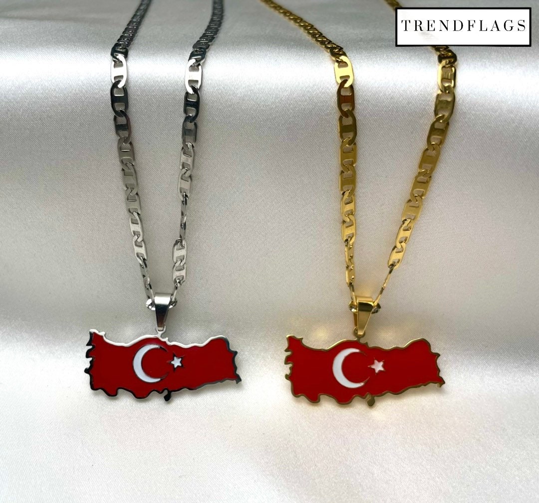Turkey Flag Map 18k Gold/Silver Plated Necklace Turkey Etsy
