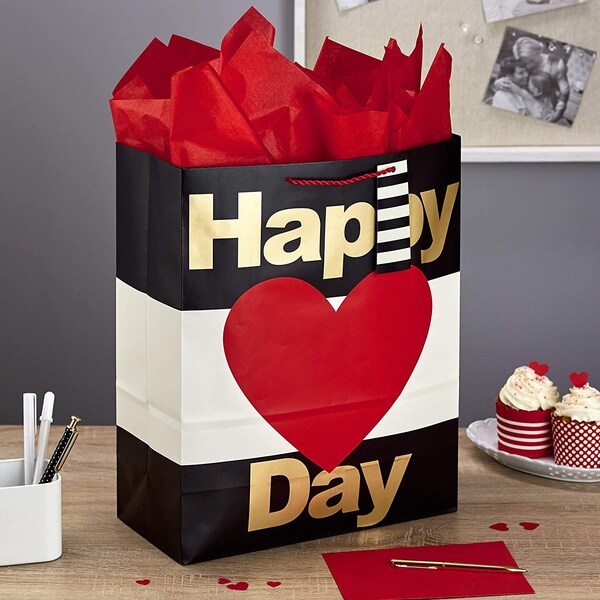 Hallmark 15" Extra Large Valentine's Day Gift Bag with Tissue Paper (Happy Heart Day, Gold) Black and White Stripes, Red Heart