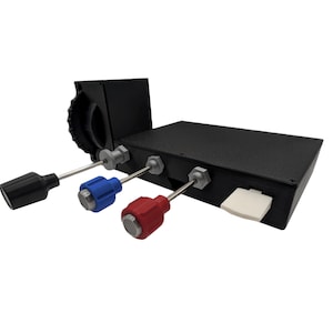 May include: A black rectangular control module featuring three protruding metal levers with black, blue, and red plastic knobs. A white plastic tab is positioned on the side, and a black circular gear component is attached to the rear housing.