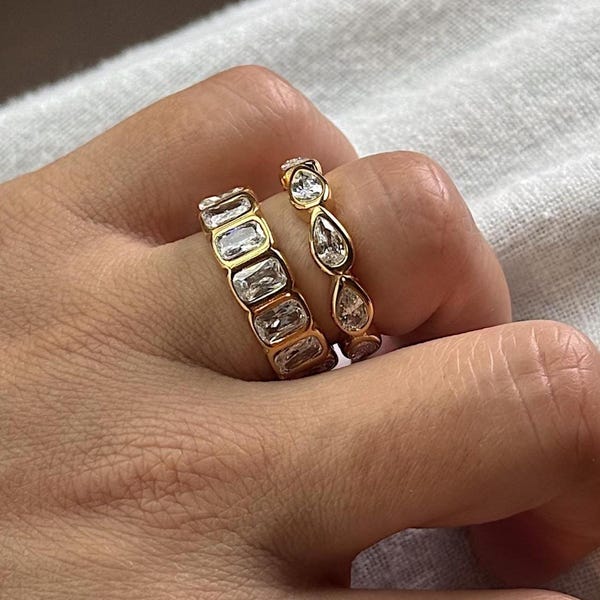 Emerald Cut Eternity Band, Pear Eternity Band - Bezel Set Full Eternity Band Ring with Natural White Zircon, Elegant Gift for Her