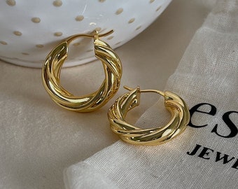 Gold Twisted Hoop Earrings, Golden Hoops, Chunky Gold Hoops, Thick Gold Hoop Earrings, Antique Gold Hoop Earrings | 22mm 18k Gold Fill Hoops