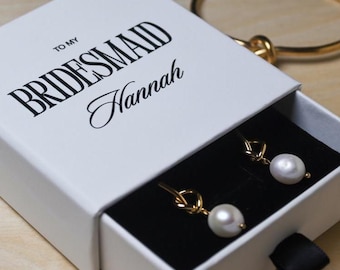 Personalized Bridesmaid Gift | Pearl Earrings, Velvet Jewelry Box