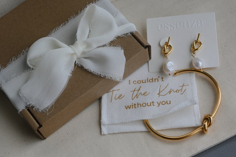 Tie the knot pearl dangle earrings & bracelet, Bridesmaid proposal box set, Bridesmaid getting ready jewelry, Will you be my bridesmaid gift image 8