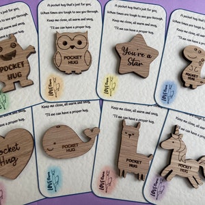 Pocket hug, wooden token, poem, heart, llama, owl, monster, unicorn, whale, dinosaur, star gift & free personalisation