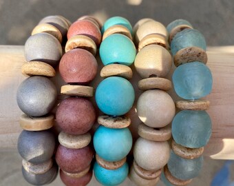 Boho Beach Bracelet: Wood, Seaglass & Coconut Shell Bead Bracelet