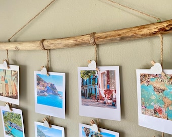 Driftwood Hanging Photo Display: Heart Pegs, Wooden Beads, Rustic Beach Decor