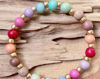 Colorful Wood Bead Bracelet: Natural Stretch Bracelet for Women