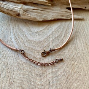 May include: A close-up of a brown leather cord necklace with a copper chain extender and lobster clasp.