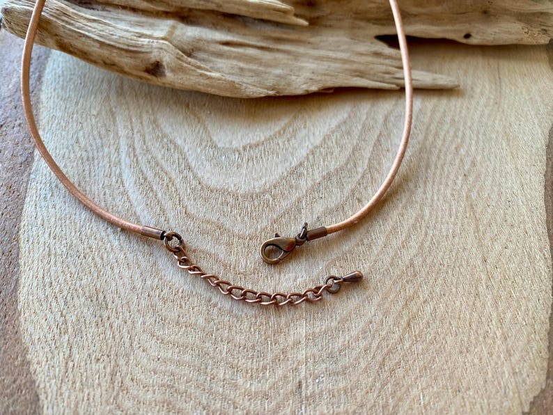 May include: A close-up of a brown leather cord necklace with a copper chain extender and lobster clasp.