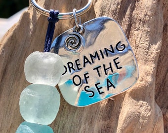 Sea Glass Style Keyring: Recycled Glass Beads, Beach Charm