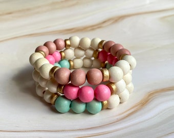 Natural Wood Bead Stretch Bracelet, Handmade