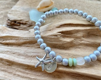 Personalized Silver Charm Bracelet: Recycled Sea Glass, Beach Jewelry
