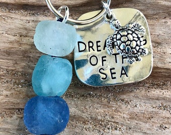 Sea Glass Style Keyring: Recycled Glass Beads, Beach Bag Charm