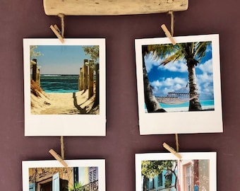 Driftwood Photo Hanger: Sea Glass Beads, African Beads, Mini Pegs