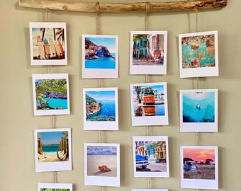 Driftwood Hanging Photo Display: Wooden Beads, Rustic Beach Decor