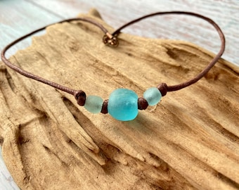 Sea Glass Style Necklace and Friendship Bracelet Gift Set: Recycled African Glass Beads