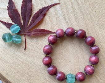 Java Sea Glass Style Bracelet: Wood Bead Stretch Bracelet