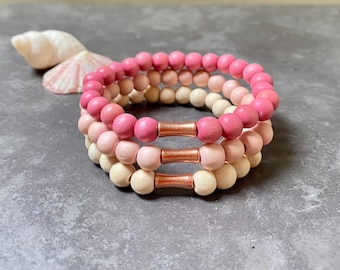 Pink Wooden Bead Bracelet: Stackable Stretch Bracelet