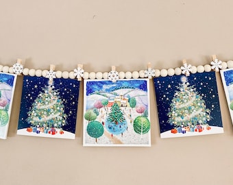 Wood Bead Christmas Card Hanger, Snowflake Pegs Display