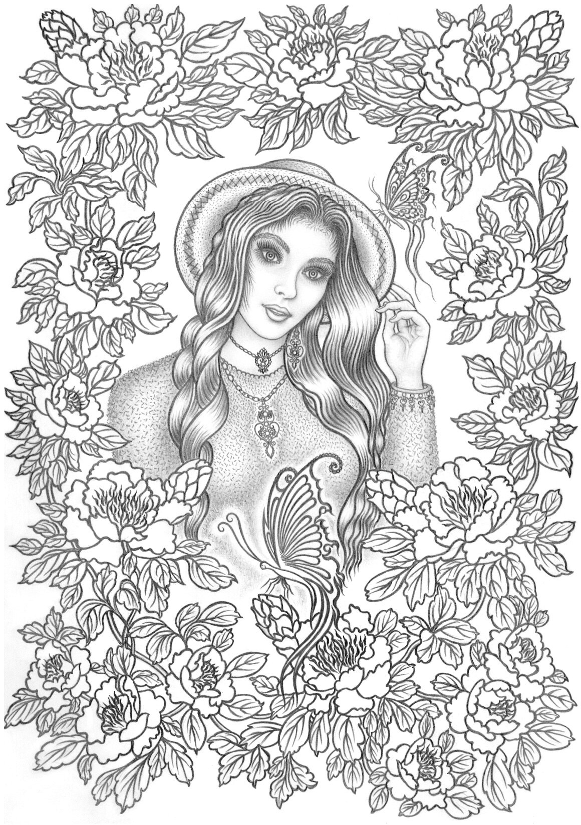Lady in the garden. Coloring book. Drawing for digital | Etsy