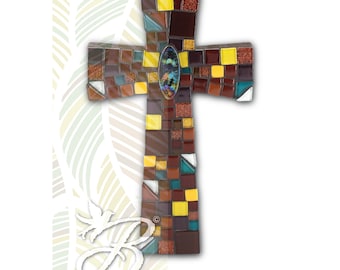 Mosaik Holzkreuz L/M/S | Braun mit Farben | Mosaik Massivholzkreuz groß/mittel/klein | Braun gefärbt