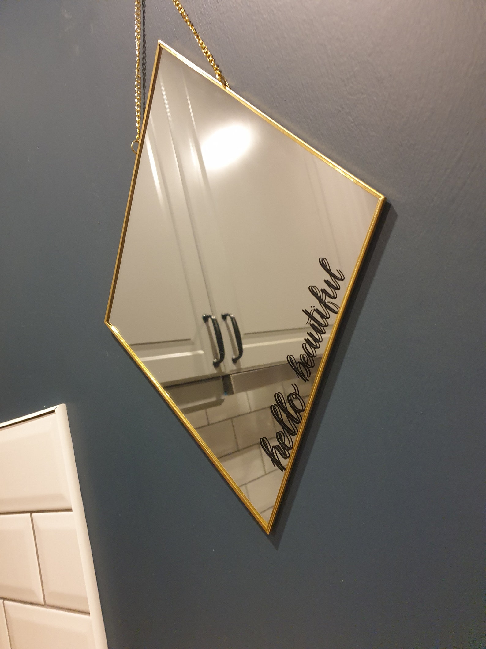 Gold diamond shaped wall mirror finished with vinyl quote Etsy