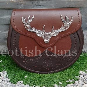 Handmade Scottish Stag Head Kilt Sporran: Brown Leather with Chain Belt