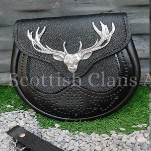 Handmade Scottish Stag Head Kilt Sporran: Black Leather with Chain Belt