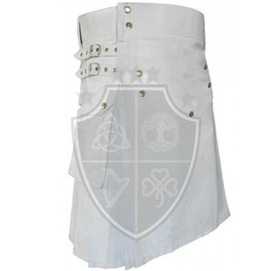 White Utility Kilt for Men – Handmade Cotton Cargo Kilt with Pockets – Durable Workwear or Festival Kilt – Heavy-Duty Adjustable utilitykilt