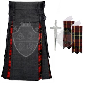 Handmade Denim Tartan Hybrid kilt, Working utility kilt for men, Scottish Clan Tartan Hybrid kilt for men, Adjustable Heavy-Duty Kilt