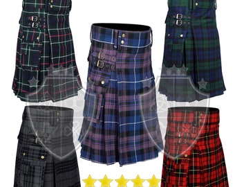 Scottish Clans Tartan utility kilt for men, Made to order Tartan kilt with pockets, Adjustable Working utility kilt