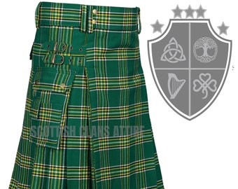 Kilt utilitaire tartan vert irlandais, Kilt utilitaire tartan pour hommes Kilt écossais traditionnel des Highlands pour homme