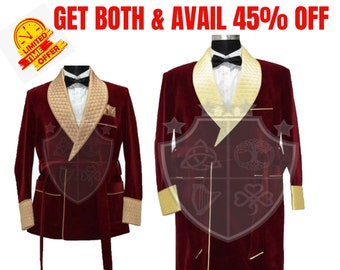 Smoking Jackets for men - Burgundy Velvet Quilted Dinner Robes - Wedding Groom Wear Jackets - Smoking jackets - Velvet Robes - Dinner Jacket