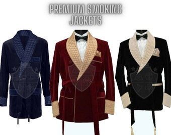 Smoking Jackets for men - Burgundy Velvet Quilted Dinner Robes - Wedding Groom Wear Jackets - Smoking jackets - Velvet Robes - Dinner Jacket