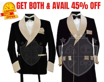 Smoking Jackets for men - Burgundy Velvet Quilted Dinner Robes - Wedding Groom Wear Jackets - Smoking jackets - Velvet Robes - Dinner Jacket