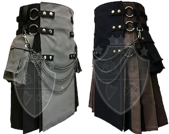 May include: Two utility kilts with black, brown, and grey panels. Both kilts have multiple rows of silver chains, black buckles, and a large cargo pocket on the front.