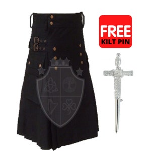 Black Cotton Utility Kilt: Heavy-Duty Scottish Work Kilt