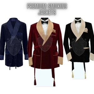 May include: Three velvet smoking jackets with contrasting collars. The jackets are in navy blue, burgundy, and black. Each jacket has a shawl collar with a contrasting quilted lining, a self-tie belt, and long sleeves with quilted cuffs.