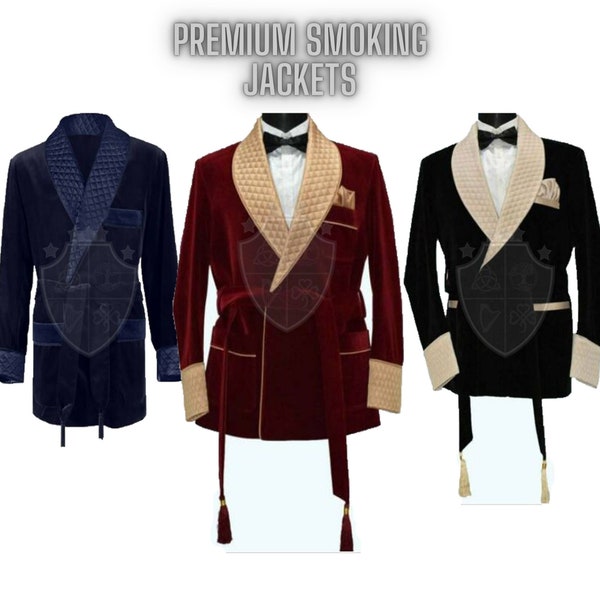 Smoking Jackets for men - Burgundy Velvet Quilted Dinner Robes - Wedding Groom Wear Jackets - Smoking jackets - Velvet Robes - Dinner Jacket