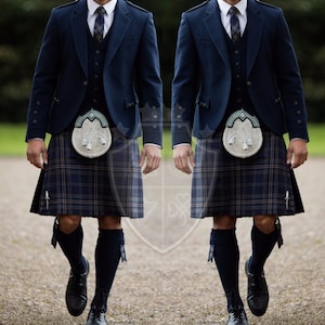 Blue Wool Argyle Kilt Jacket with 5-Button Waistcoat – Scottish Wedding Outfit Jacket for Men