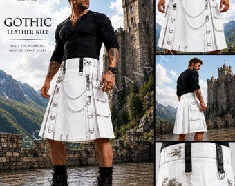 White Leather Utility Kilt for Men | Gothic Tactical Kilt | Gothic style Scottish Fashion Utility Kilt