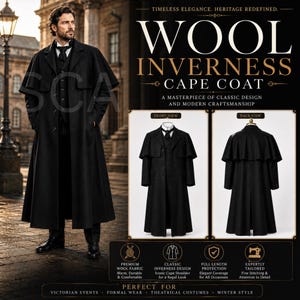 May include: A black wool Inverness cape coat featuring a long, structured silhouette with an integrated shoulder cape, a button-front closure, and a collared neckline. The garment is displayed in both front and back views with text overlays.