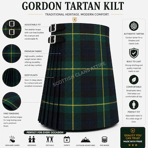 Könnte beinhalten: Ein Gordon-Tartan-Kilt mit einem Karomuster in Dunkelgrün, Marineblau und Gelb. Das Kleidungsstück verfügt über zwei schwarze Lederriemen mit silberfarbenen Schnallen an der Seite für eine verstellbare Passform und tiefe, eingenähte Falten.